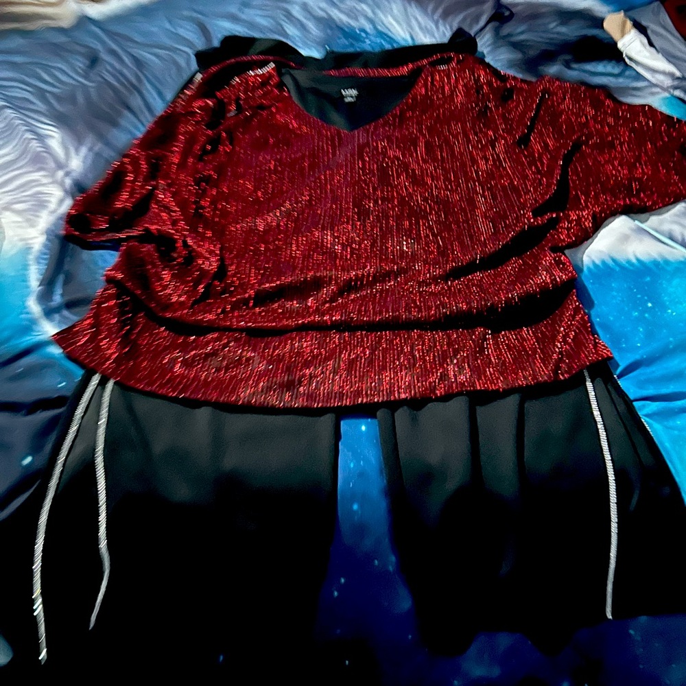 Red Shimmer Top with Black Pants